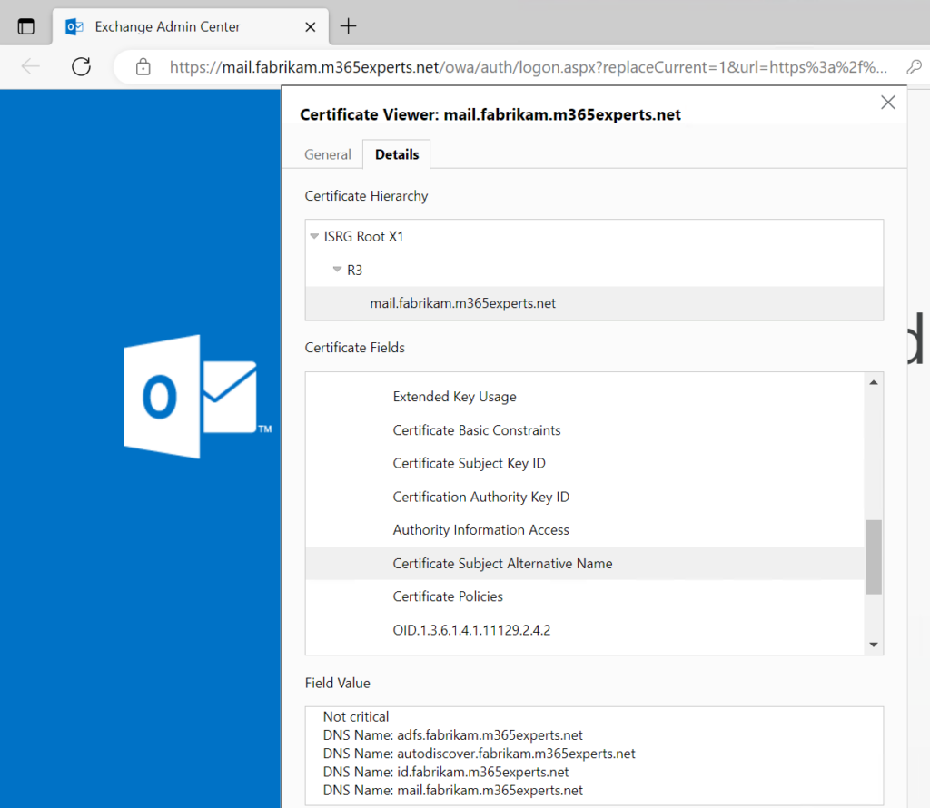 Example certificate from my Exchange 2019 lab environment.